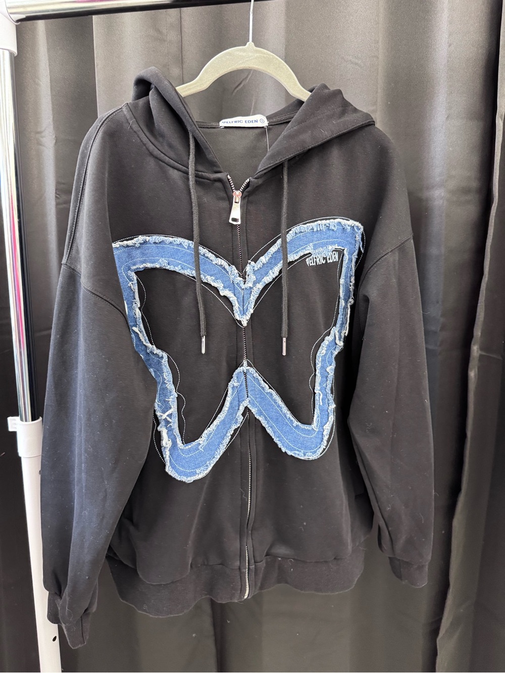Aelfric Eden Black Zip Hoodie with Distressed Blue Denim Butterfly Applique